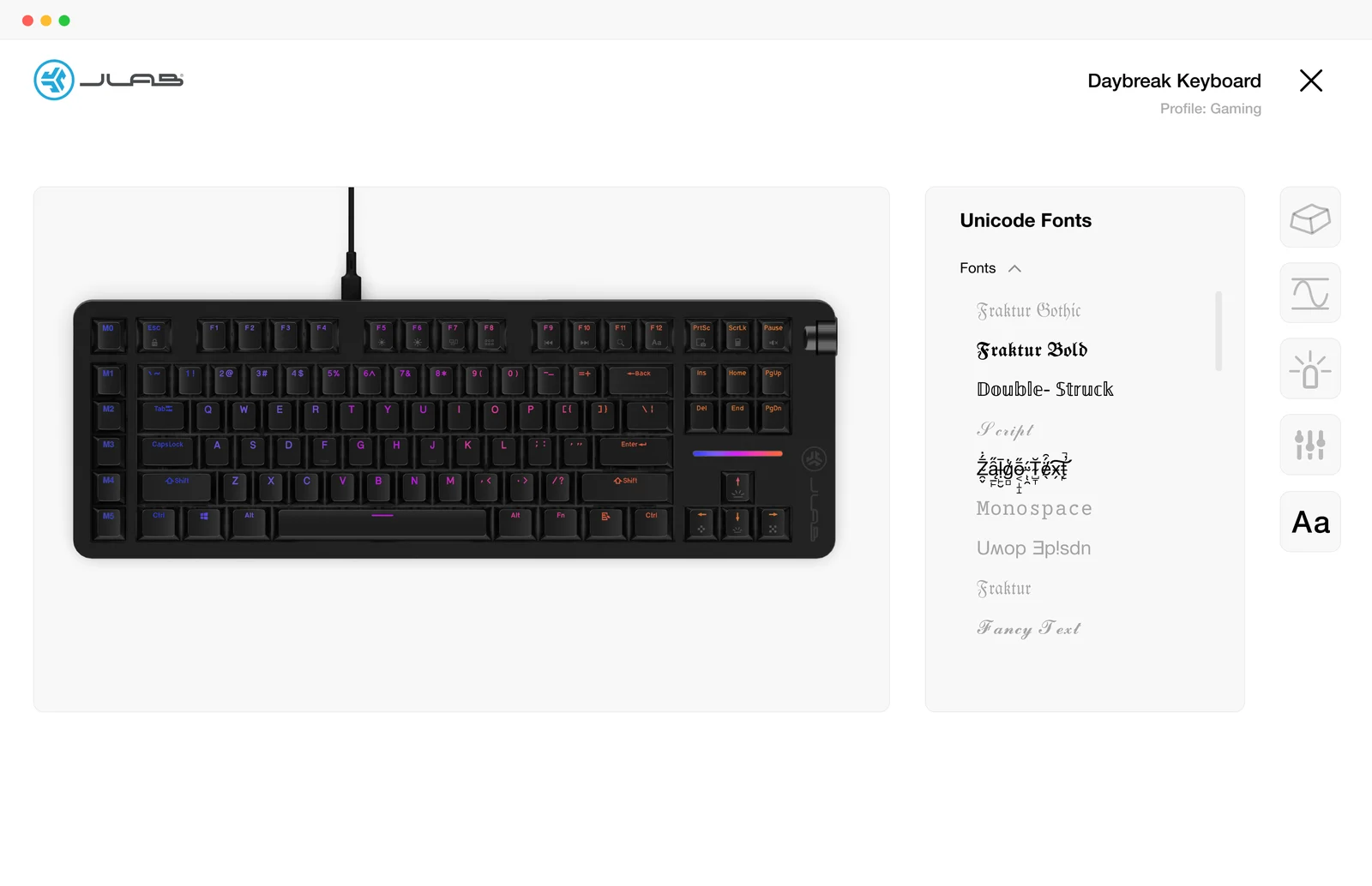 The Lab App Unicode Fonts panel for the Daybreak keyboard, listing Fraktur, Double-Struck, Script and other styles