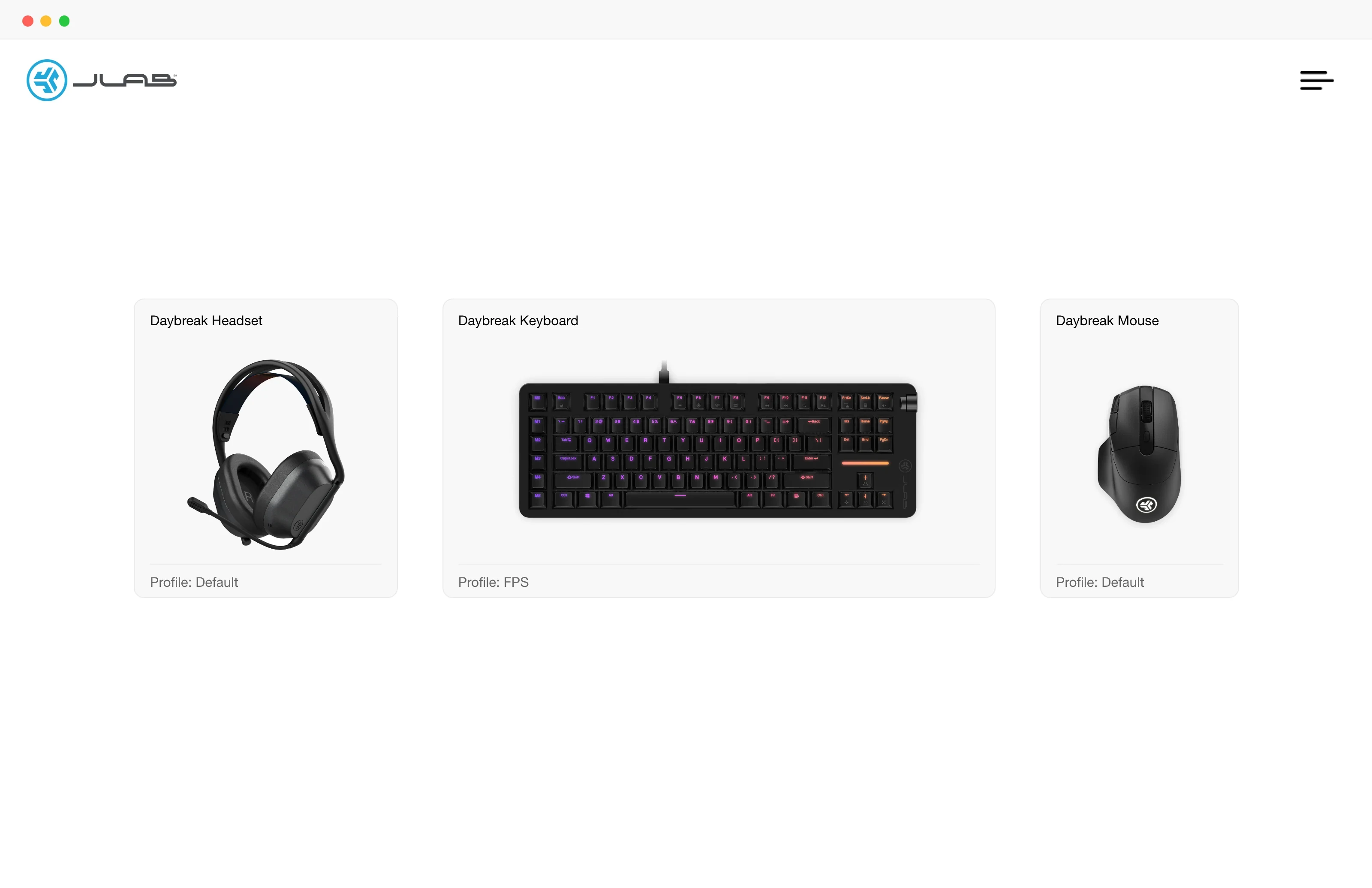 The Lab App home screen with Daybreak headset, keyboard and mouse cards