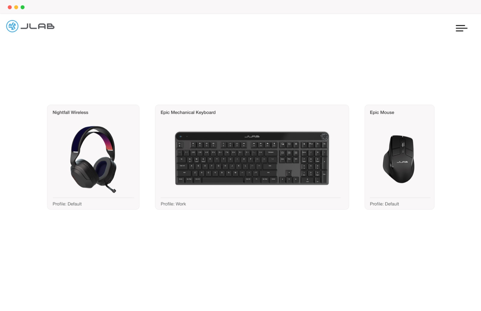 After: the Lab App home screen with Nightfall Wireless headset, Epic Mechanical Keyboard and Epic Mouse