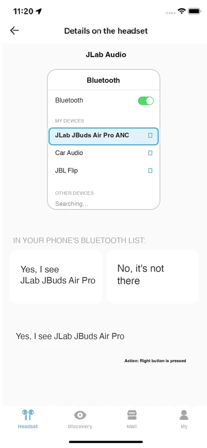 An early screen asking whether the earbuds show up in the phone’s Bluetooth list