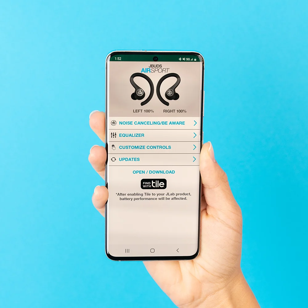 The previous JLab Sound app on a phone, showing JBuds Air Sport controls