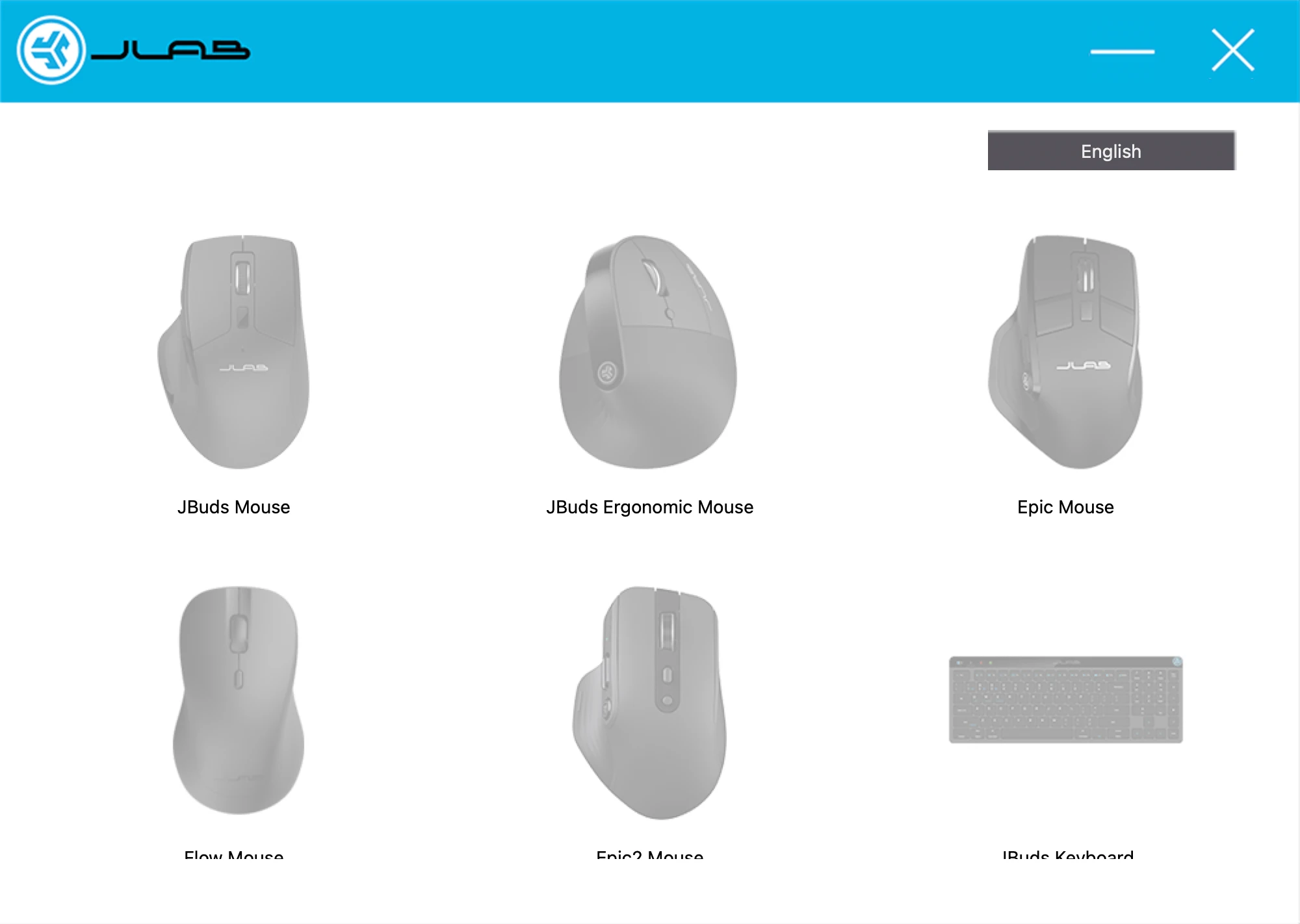 Before: the previous JLab desktop app, grey images of mice and a keyboard with an English language selector